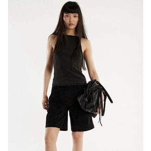 Free People We The Free Dylan Vegan Suede Long Shorts Zip Pockets Black 27